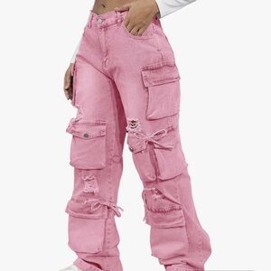 NEW Pink Distressed Denim Cargo Jeans